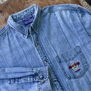 Hard Rock Taipei Mens Embroidered Guitar Relaxed Blue Denim Shirt Size XL
